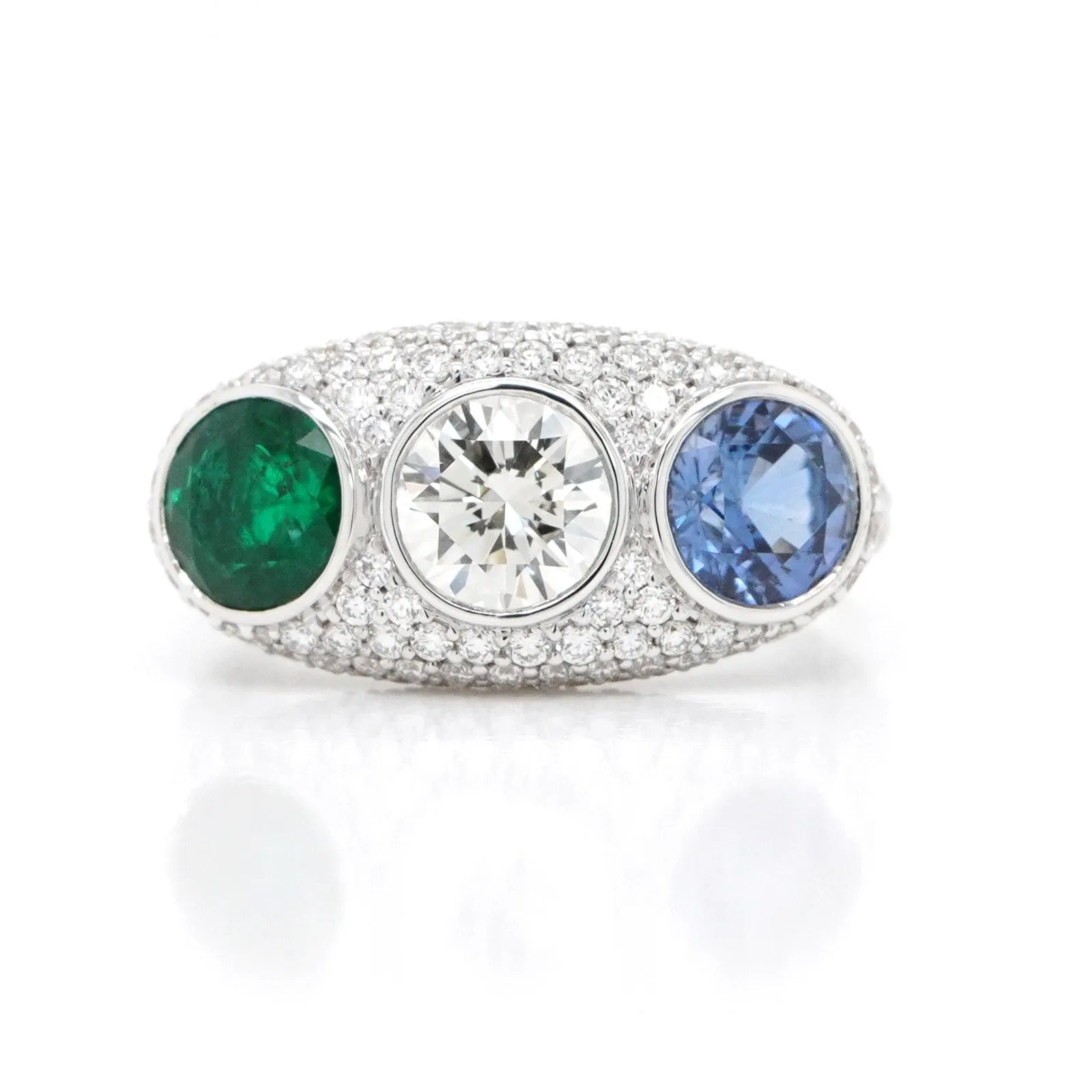 1.10 / 0.89 / 0.79 cts Round Brilliant Sapphire and Emerald with Diamond Ring