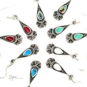 Bali Inspired Teardrop Shaped Earrings With Inlay Stones