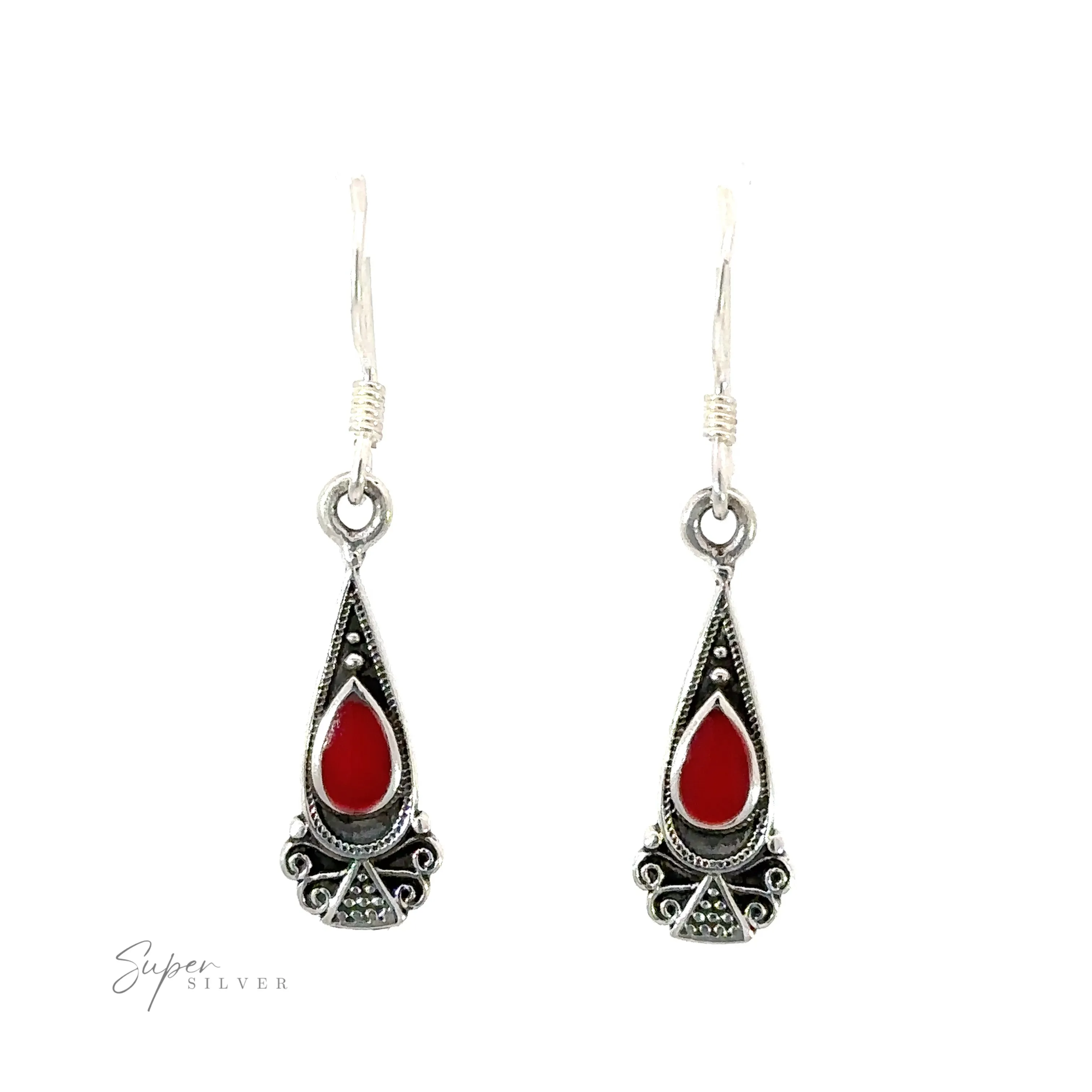 Bali Inspired Teardrop Shaped Earrings With Inlay Stones