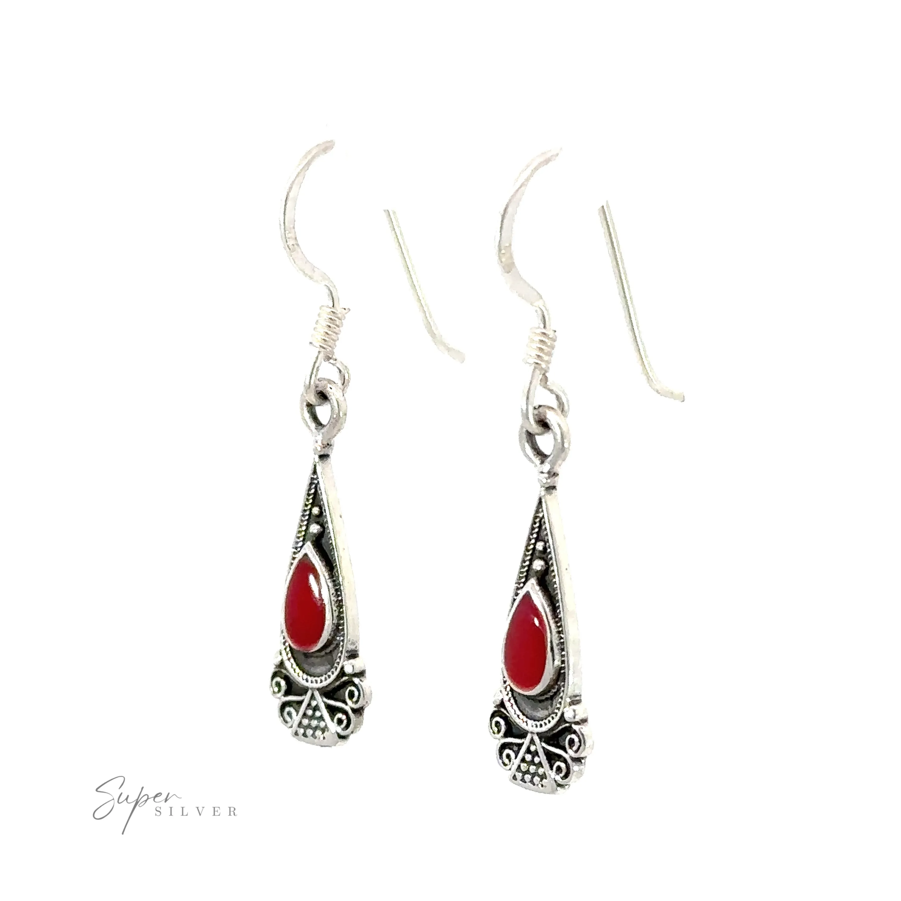 Bali Inspired Teardrop Shaped Earrings With Inlay Stones