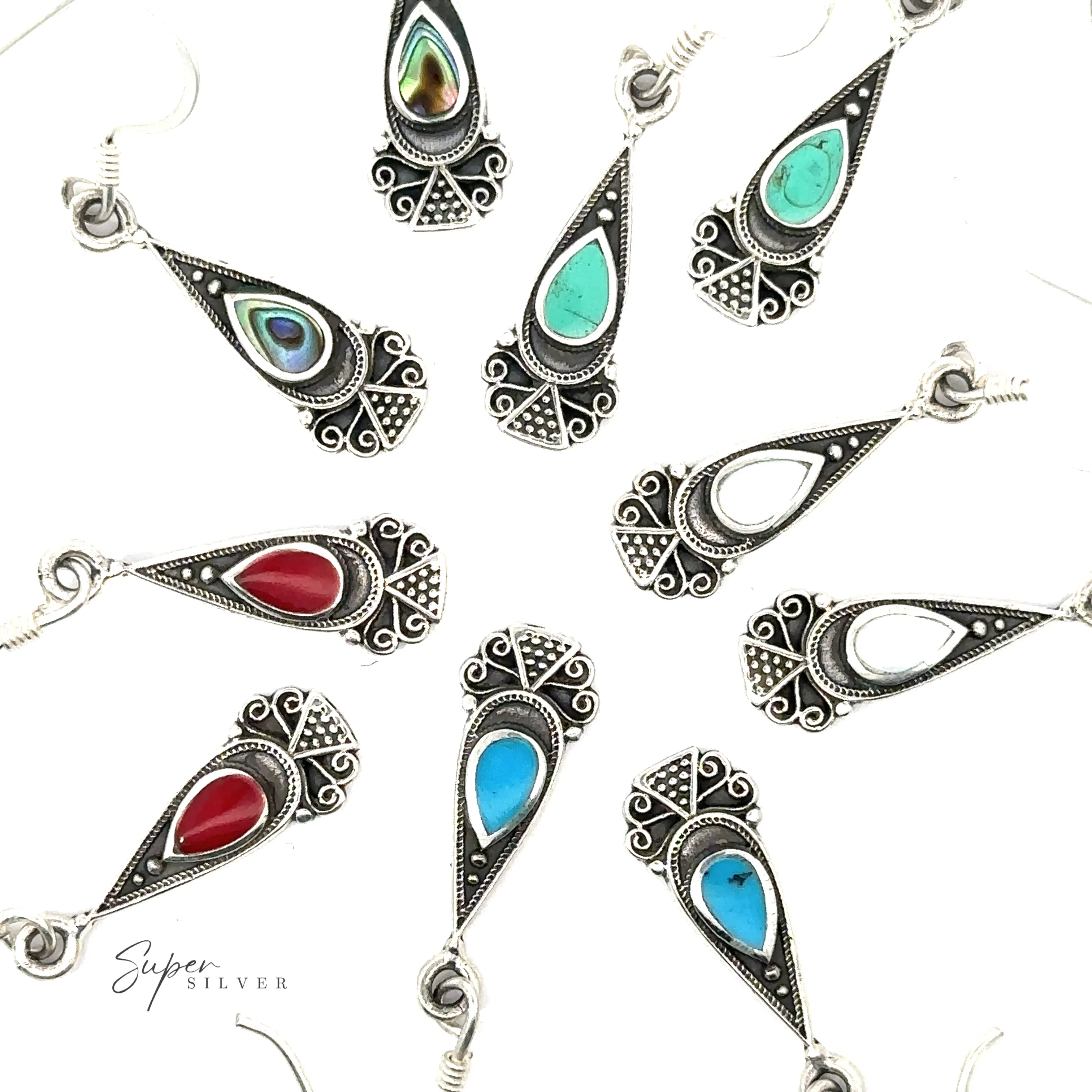 Bali Inspired Teardrop Shaped Earrings With Inlay Stones