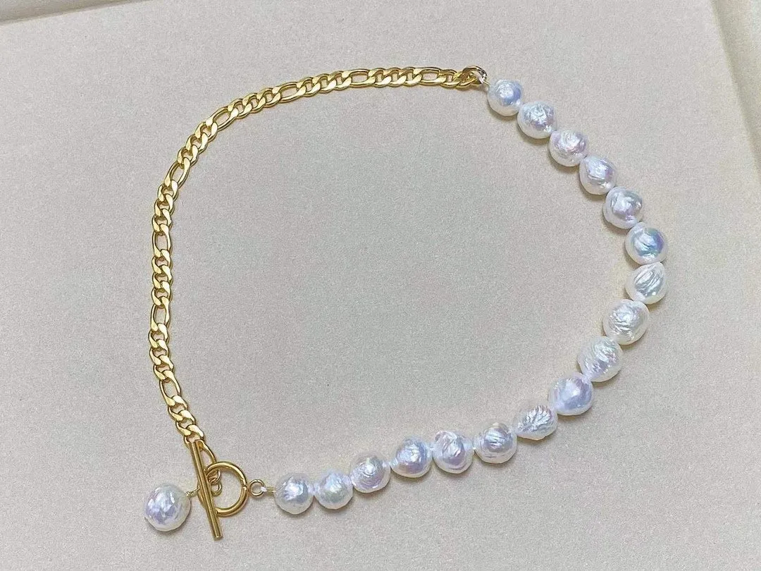 Baroque pearl and chain Combination necklace with pendant