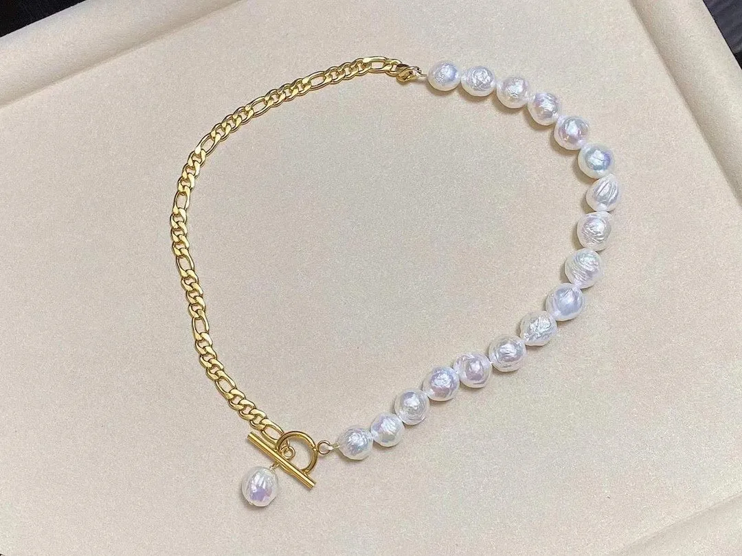 Baroque pearl and chain Combination necklace with pendant