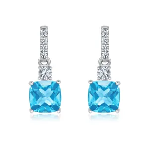 Cushion Swiss Blue Topaz and Created White Sapphire Sterling Silver Drop Earrings