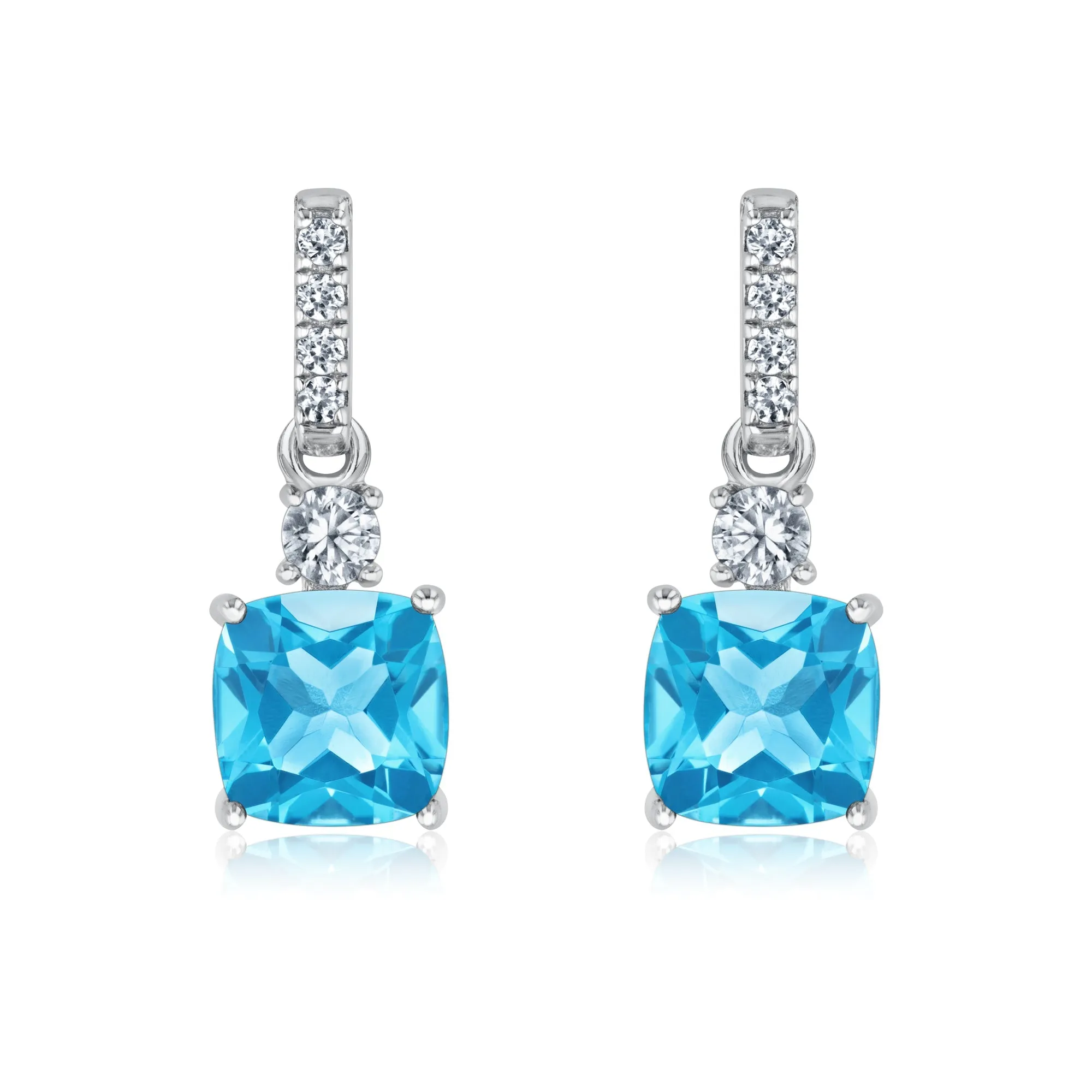 Cushion Swiss Blue Topaz and Created White Sapphire Sterling Silver Drop Earrings