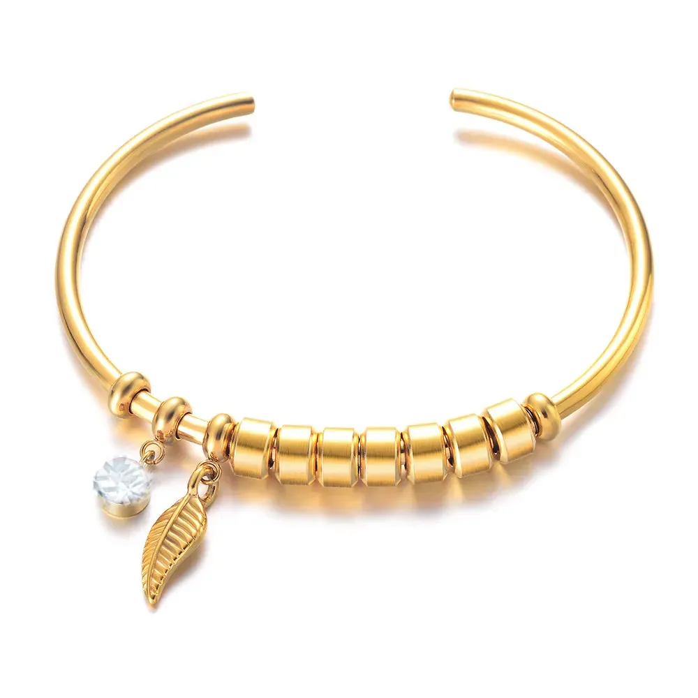 Customized Names Bracelet for Women with 12 Colors Birthstone Bohemia Leaf Bangles Personalized Stainless Steel Open Cuff Gifts