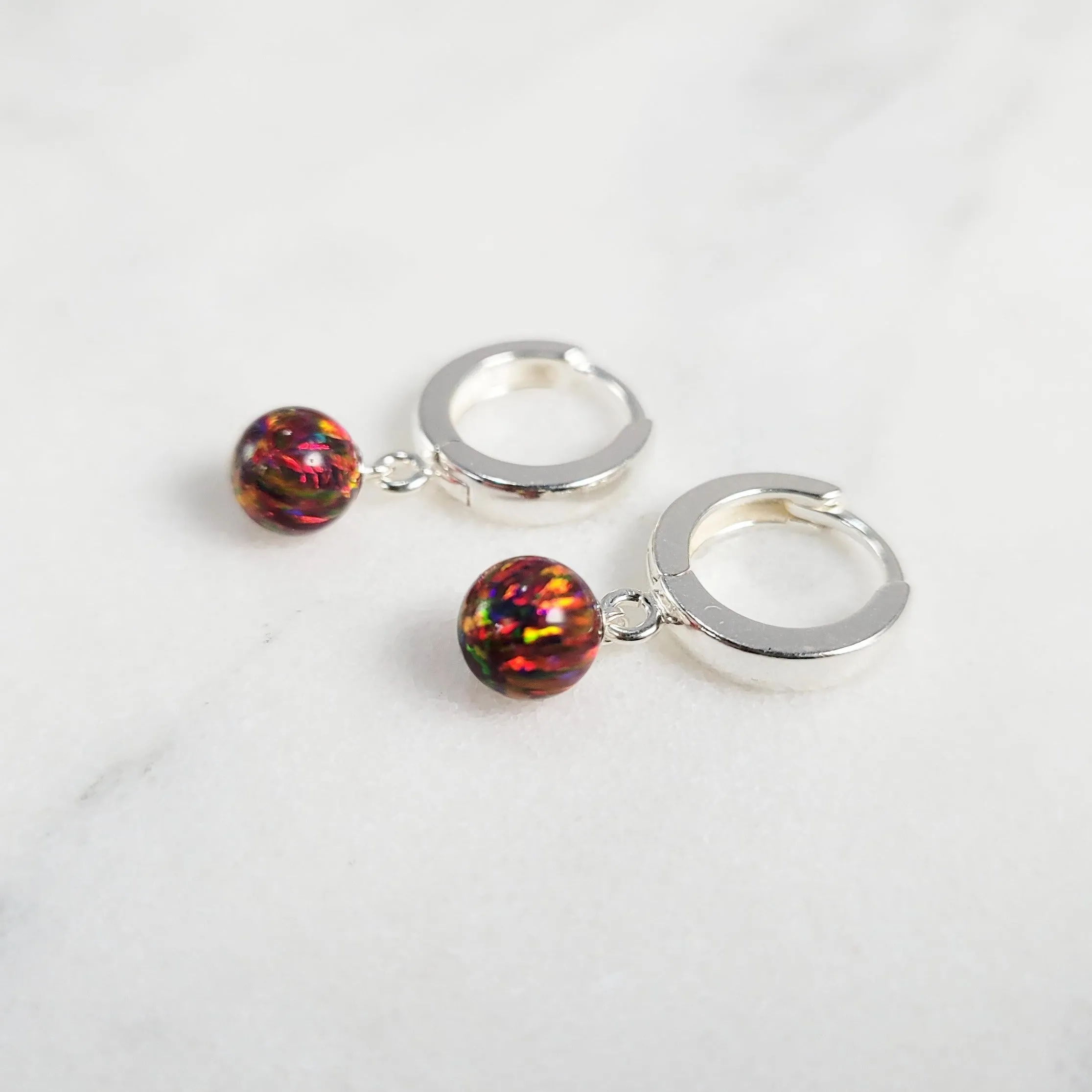Dainty Red Fire Opal Hoop Huggie Earrings