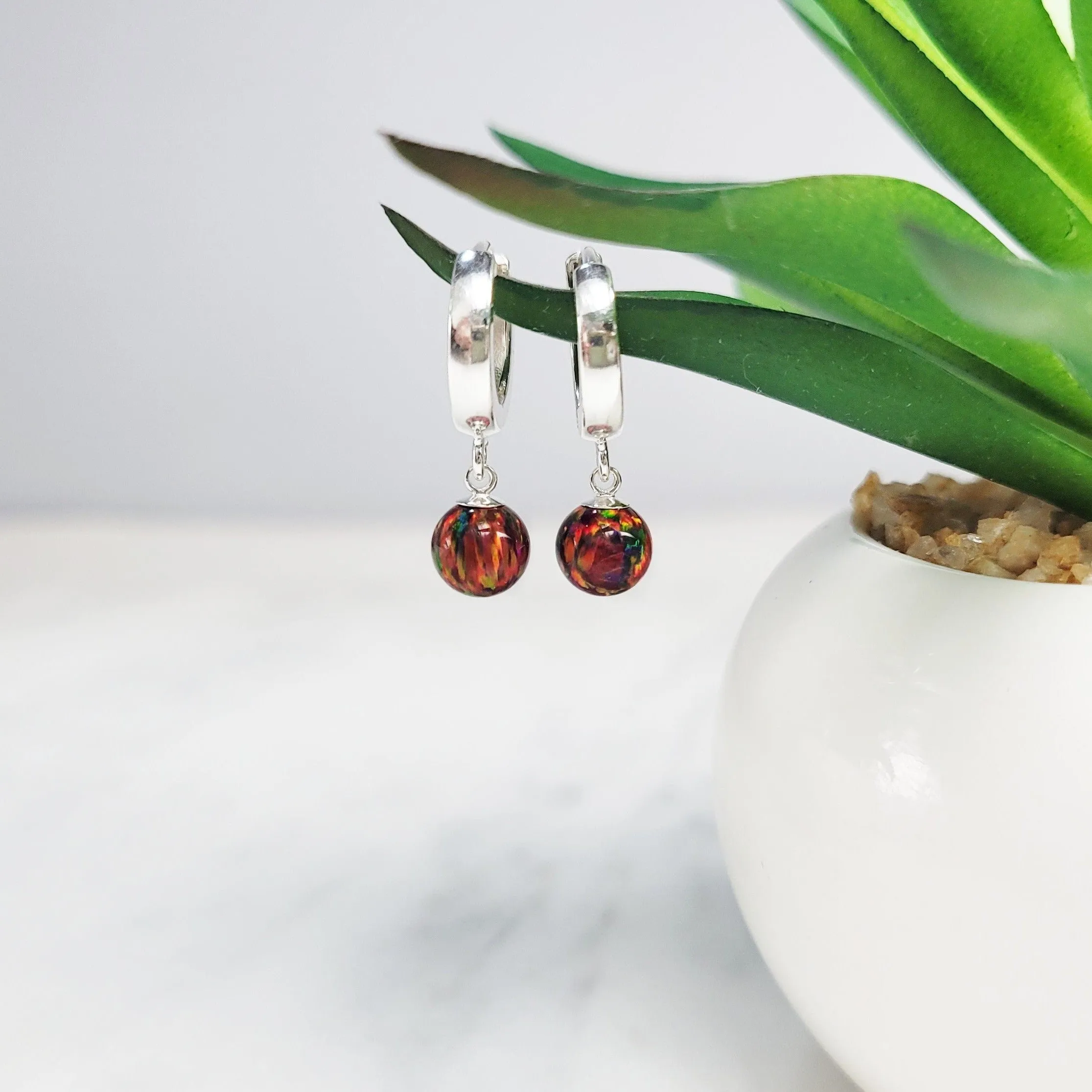 Dainty Red Fire Opal Hoop Huggie Earrings
