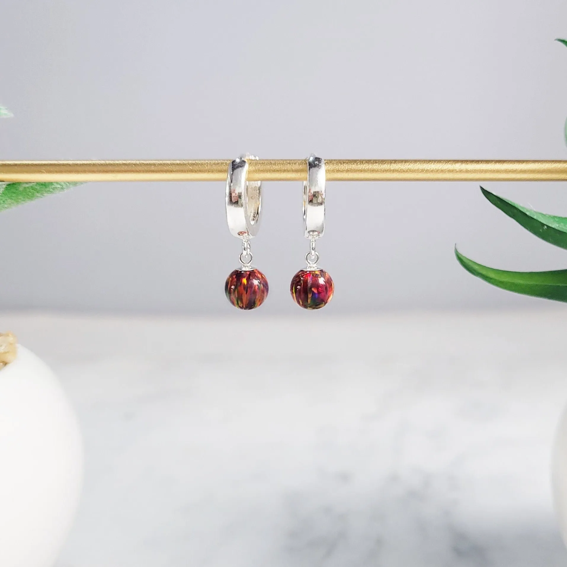 Dainty Red Fire Opal Hoop Huggie Earrings