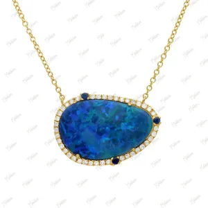 Diamond & Blue Sapphire Opal Pendant Necklace