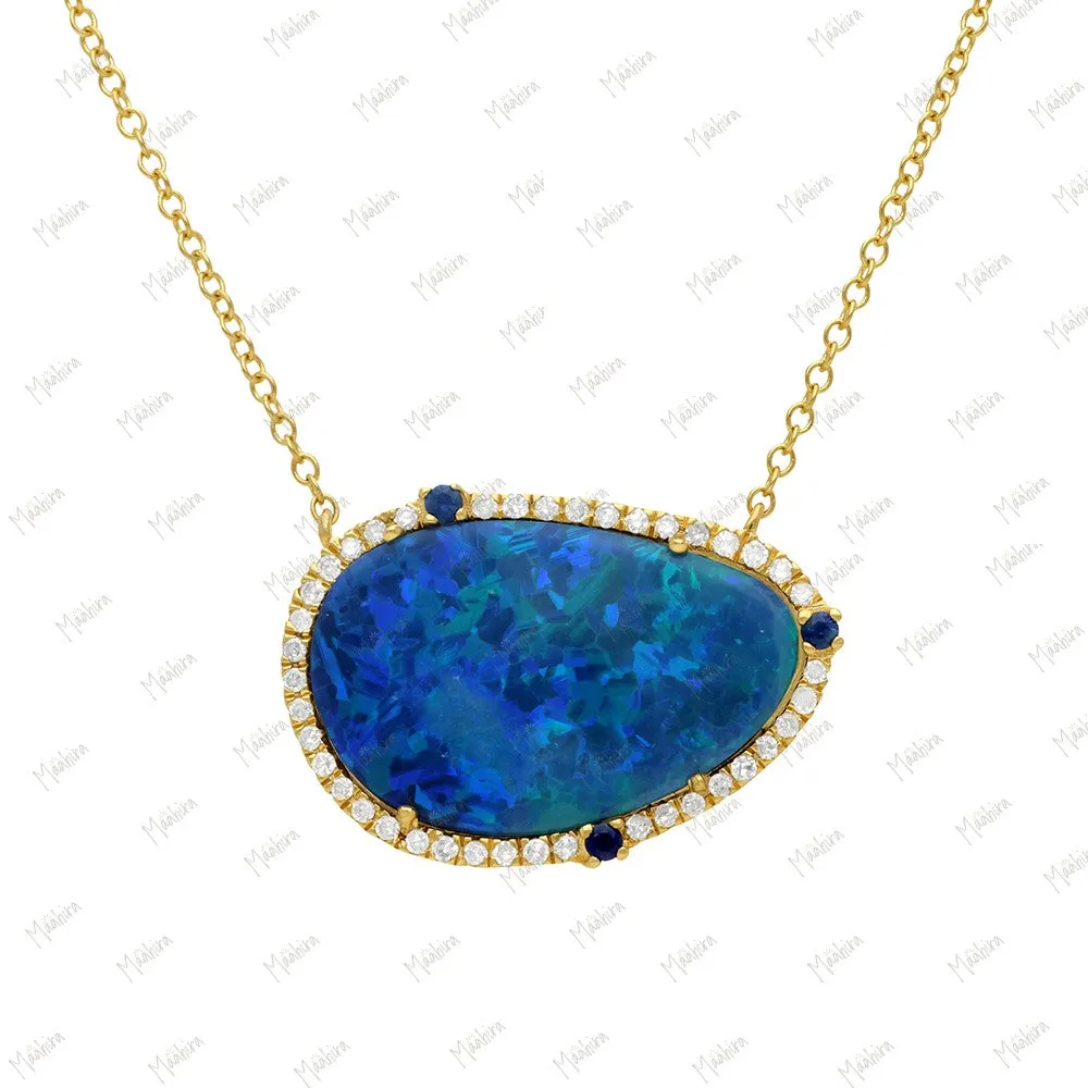 Diamond & Blue Sapphire Opal Pendant Necklace