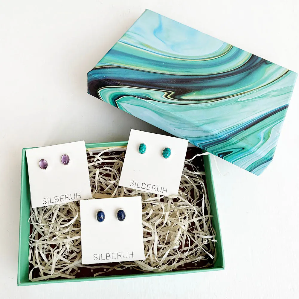 Gemstone Studs Silver Gift Set