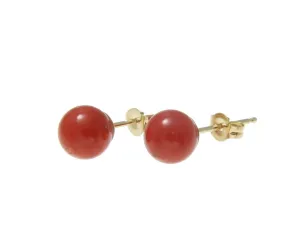 GENUINE NATURAL NOT ENHANCED RED CORAL BALL STUD EARRINGS 14K YELLOW GOLD 5.8MM