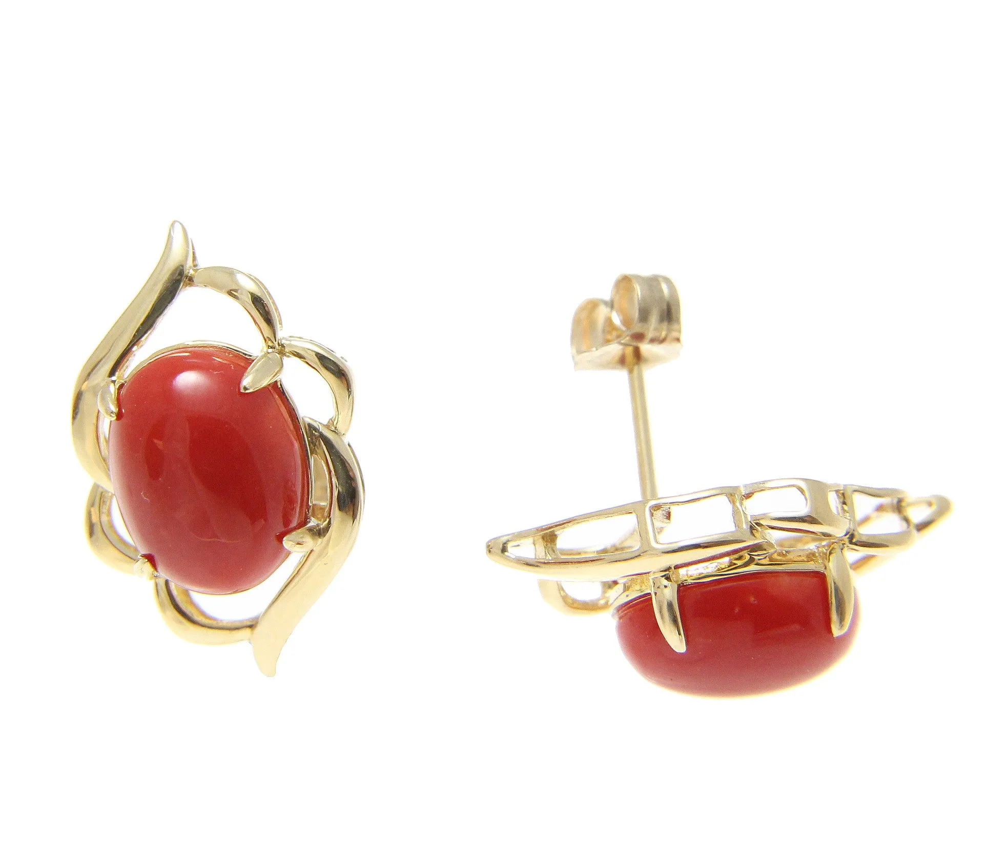GENUINE NATURAL OVAL CABOCHON RED CORAL EARRINGS SOLID 14K YELLOW GOLD