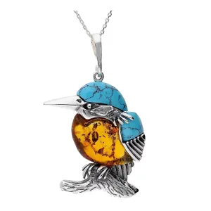 MILENA Pendant Necklace Silver Turquoise and Baltic Amber Kingfisher