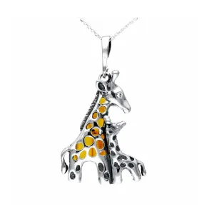 MILENA Pendant Silver and Baltic Amber Giraffe with Baby