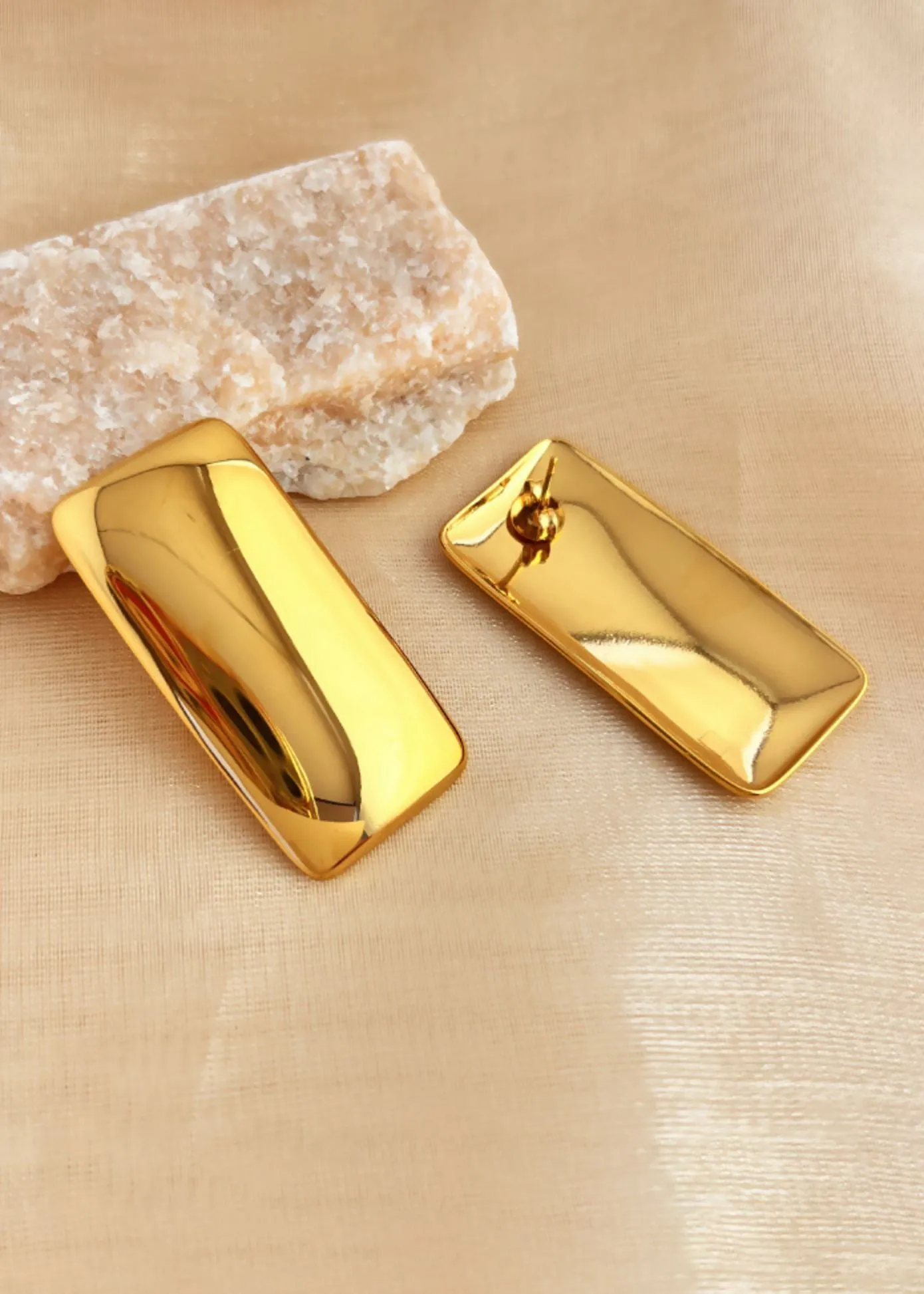 Polished Stainless Steel Rectangular Statement Stud Earrings