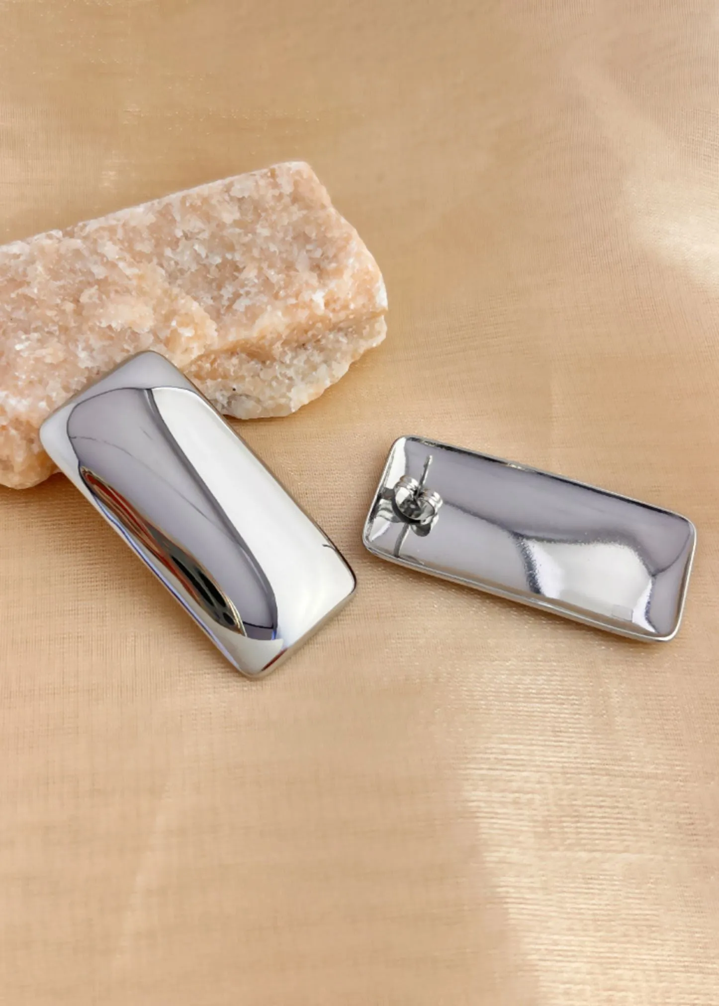 Polished Stainless Steel Rectangular Statement Stud Earrings