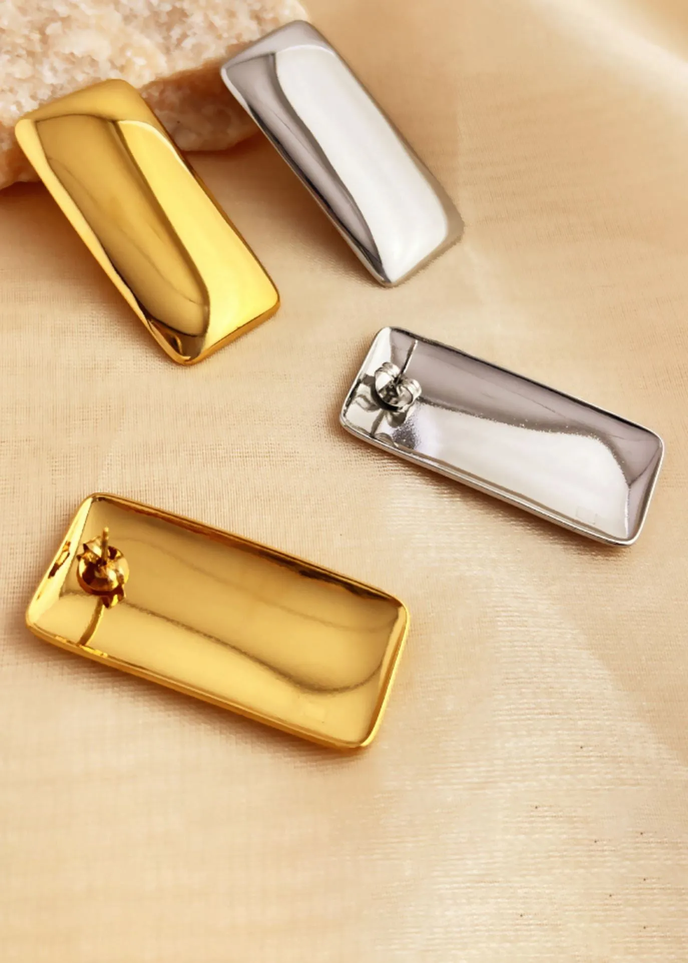 Polished Stainless Steel Rectangular Statement Stud Earrings