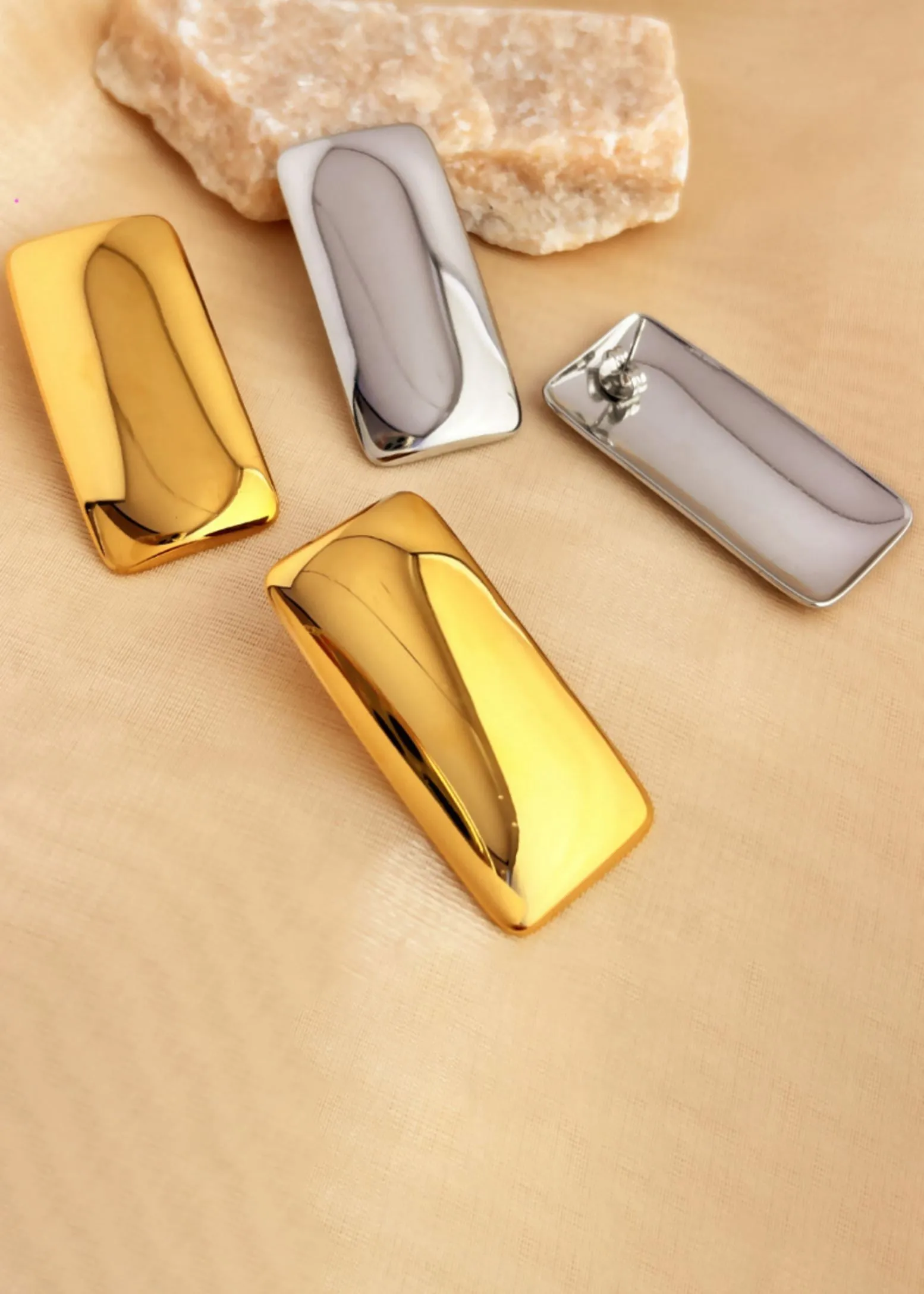 Polished Stainless Steel Rectangular Statement Stud Earrings
