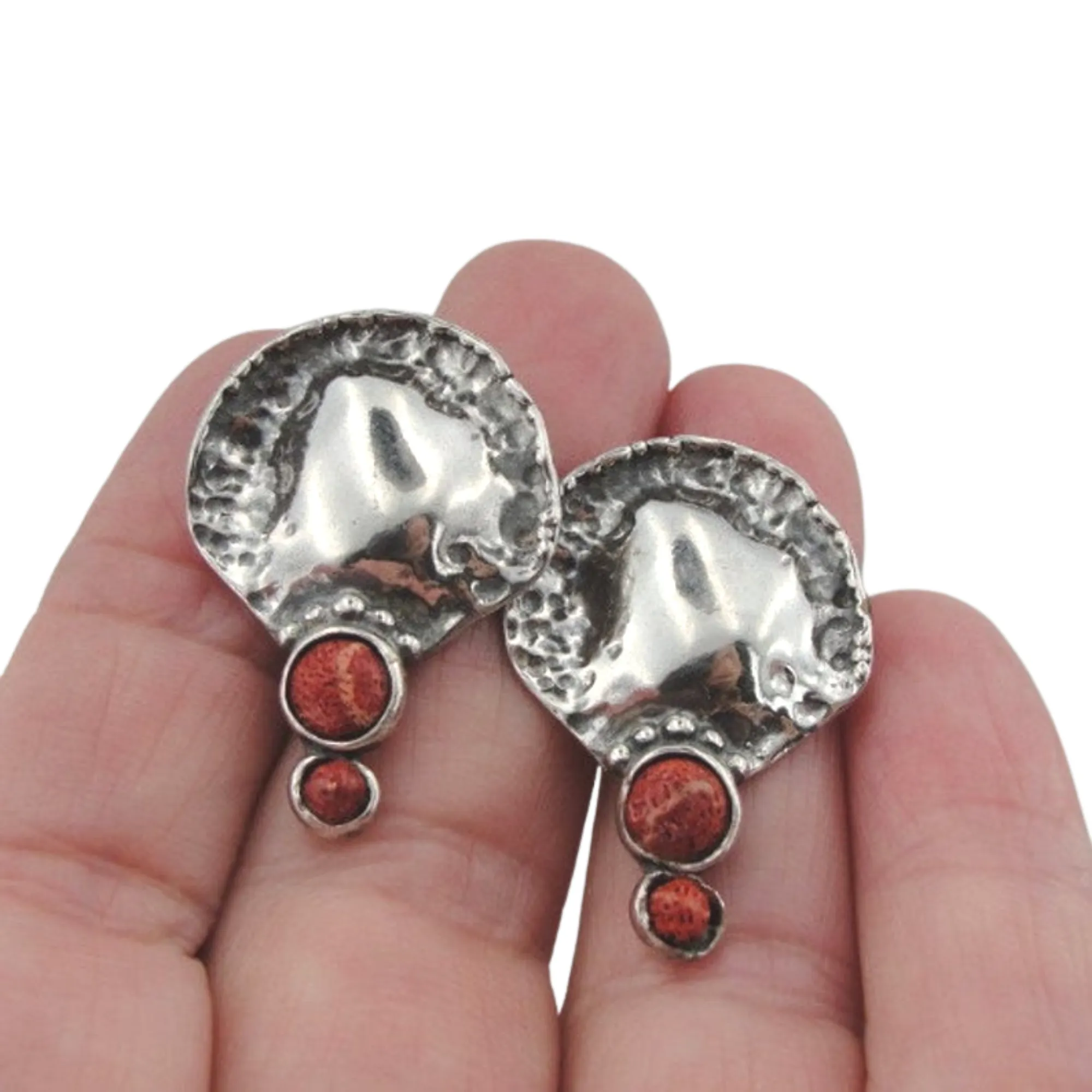 Solid Silver and Natural Red Coral 3cm earrings