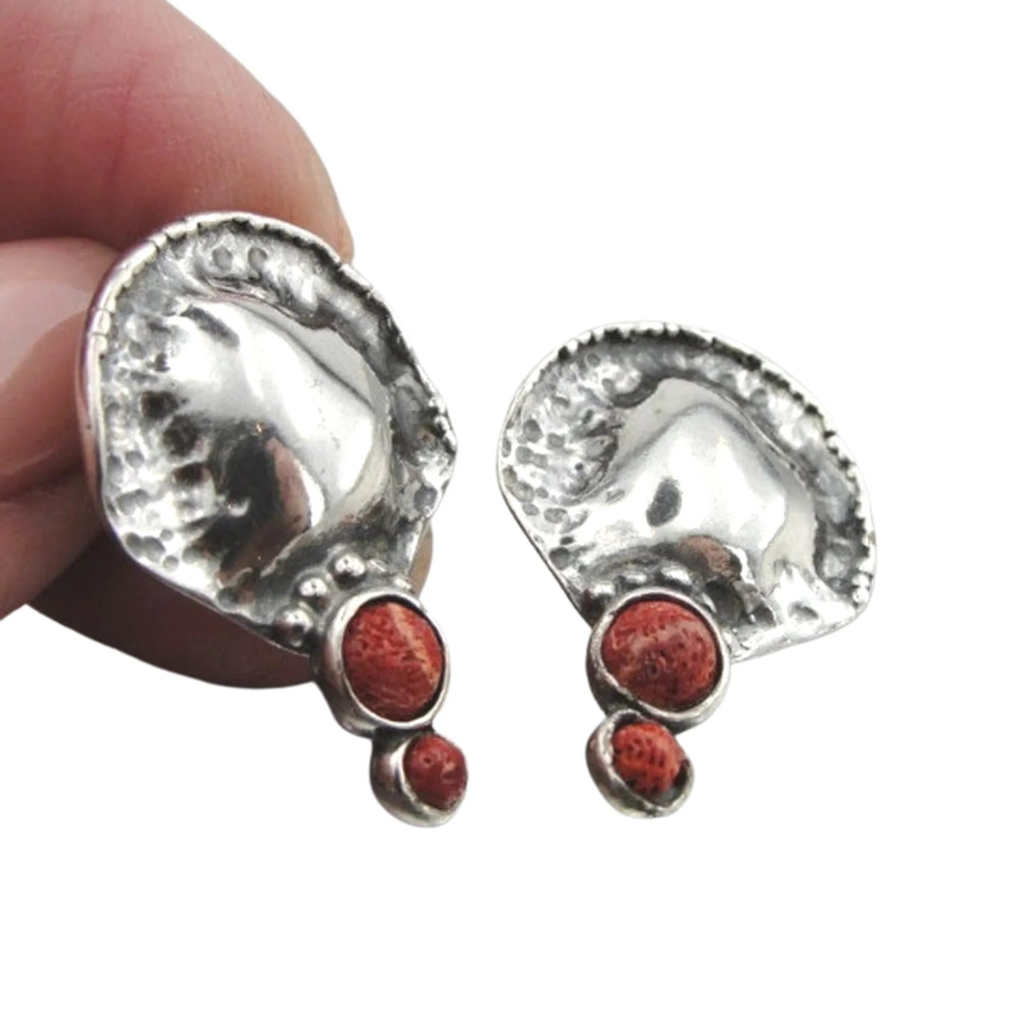 Solid Silver and Natural Red Coral 3cm earrings