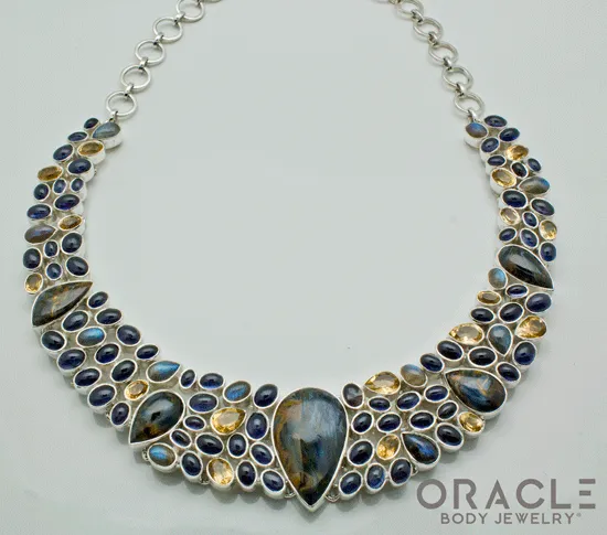 Sterling Silver Pietersite with Iolite and Citrine Necklace