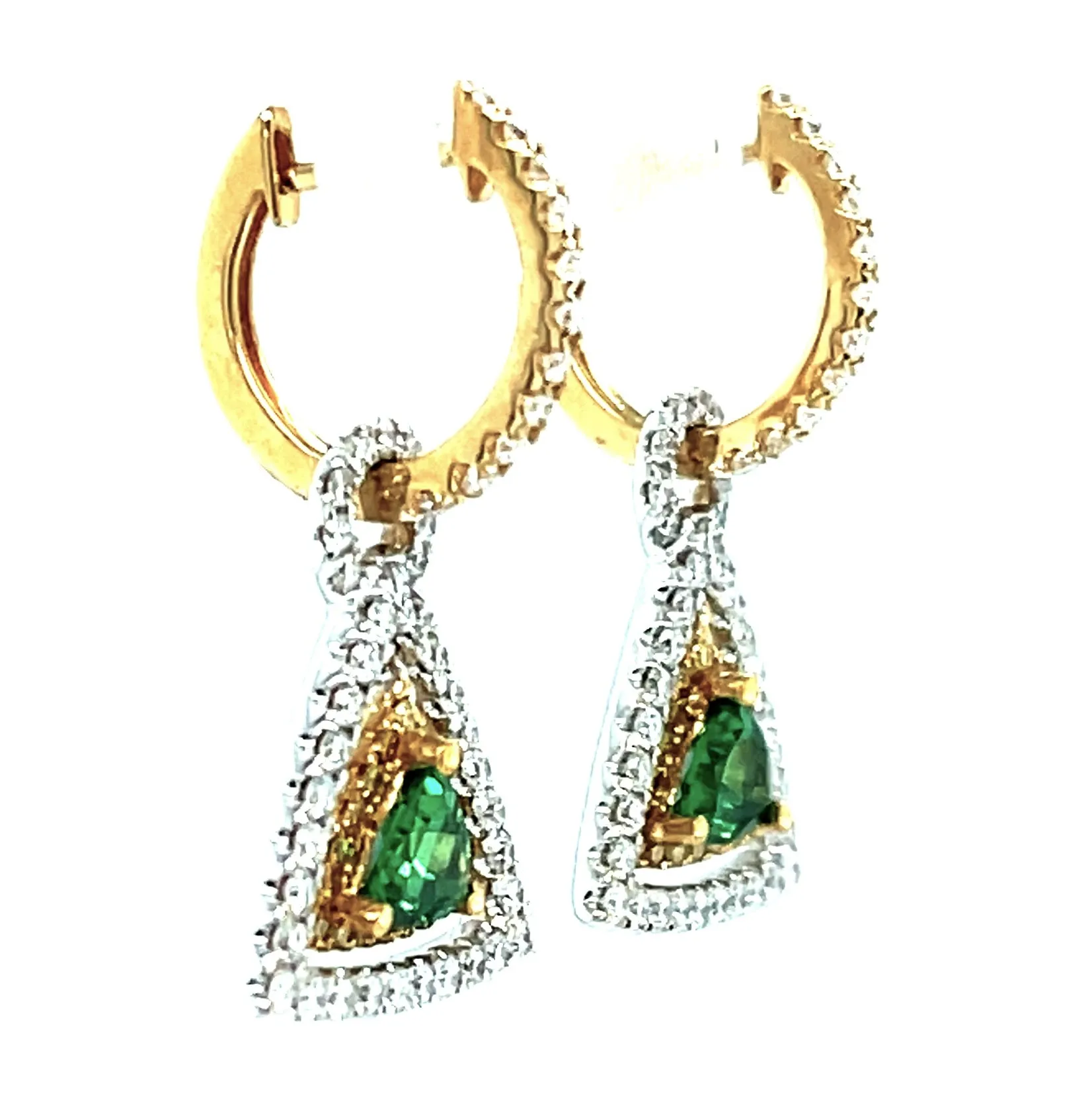 Tsavorite Garnet, Diamond, Yellow Sapphire 18k Gold Triangle Drop Earrings