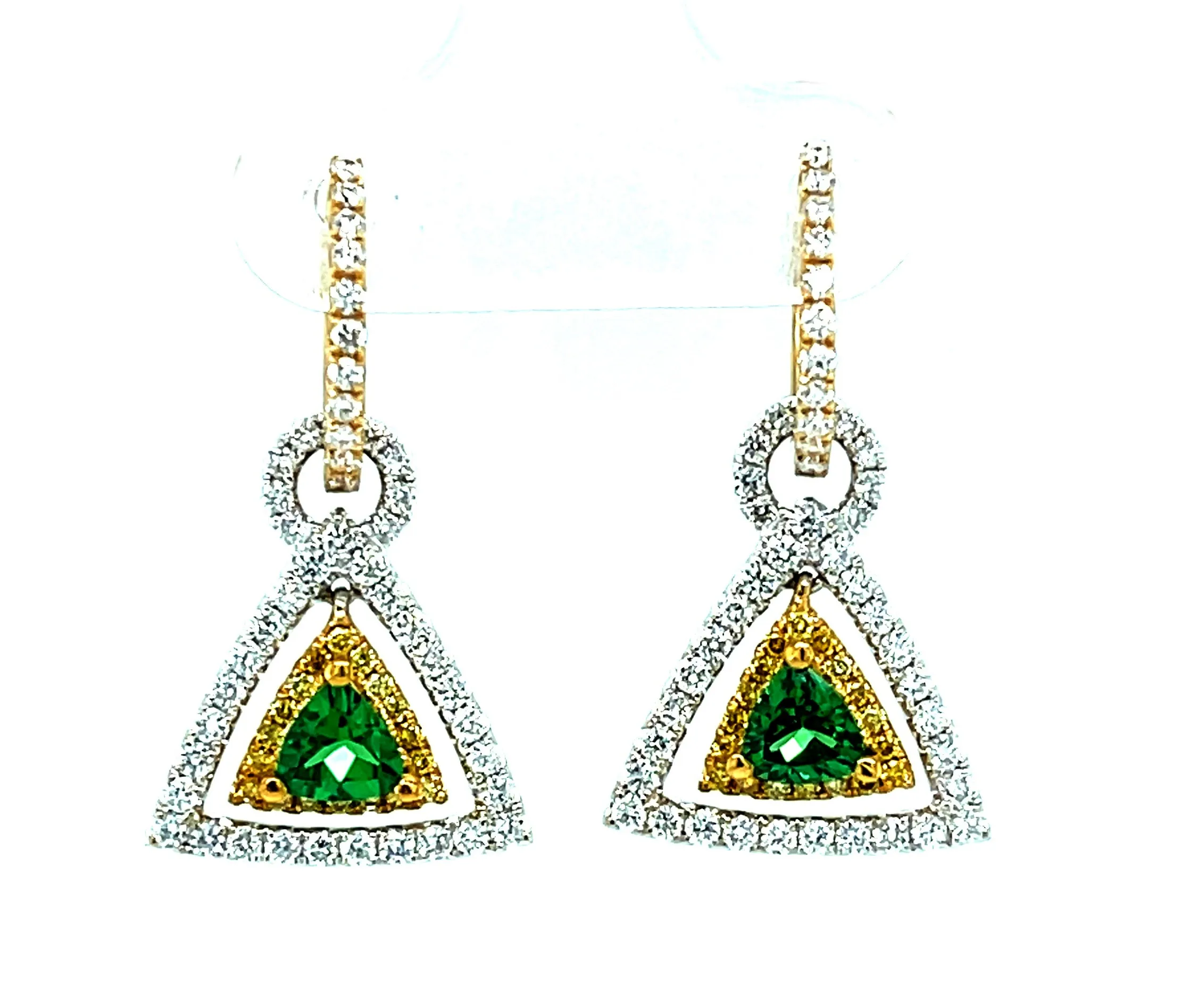 Tsavorite Garnet, Diamond, Yellow Sapphire 18k Gold Triangle Drop Earrings