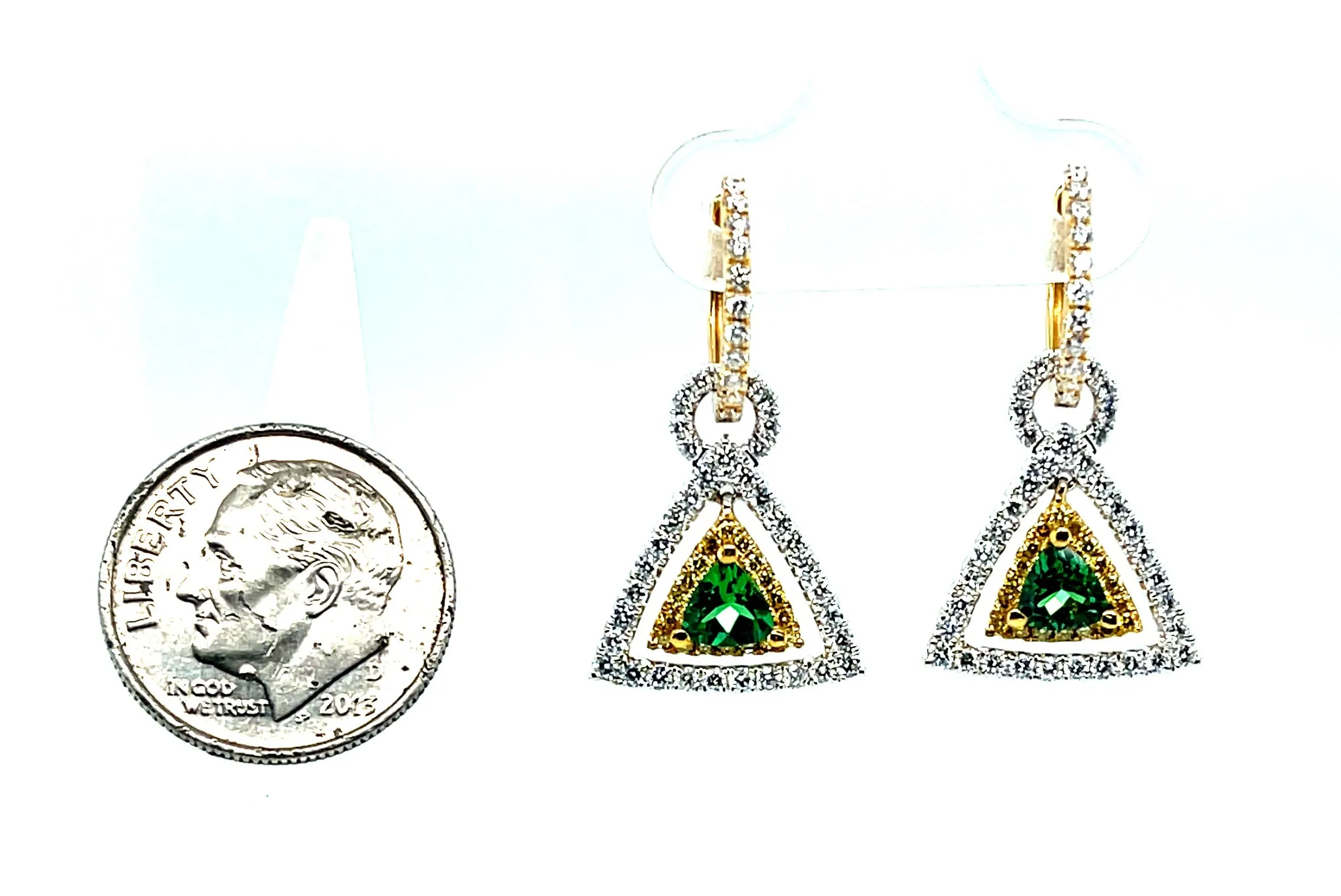 Tsavorite Garnet, Diamond, Yellow Sapphire 18k Gold Triangle Drop Earrings