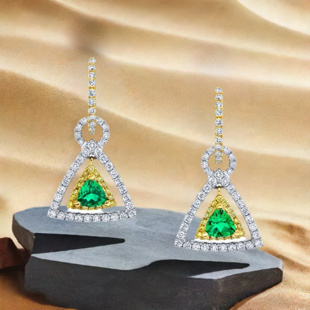 Tsavorite Garnet, Diamond, Yellow Sapphire 18k Gold Triangle Drop Earrings