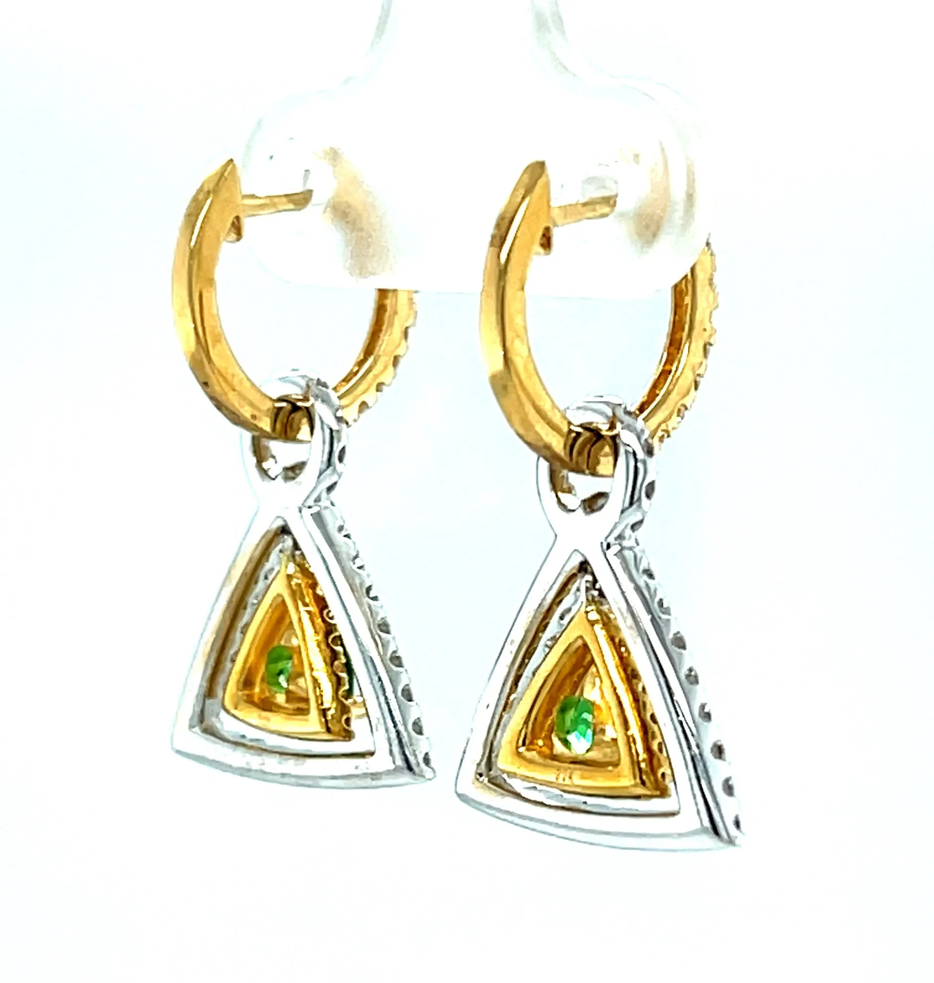 Tsavorite Garnet, Diamond, Yellow Sapphire 18k Gold Triangle Drop Earrings