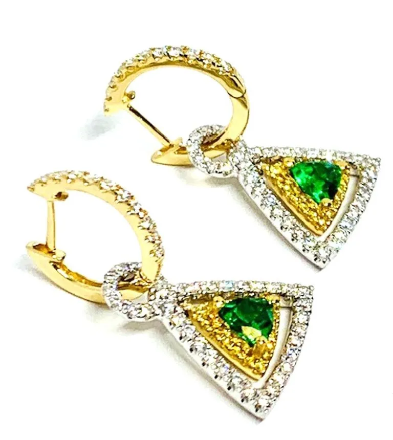 Tsavorite Garnet, Diamond, Yellow Sapphire 18k Gold Triangle Drop Earrings