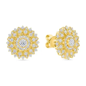 White Diamond Sunburst Earrings in Yellow Gold